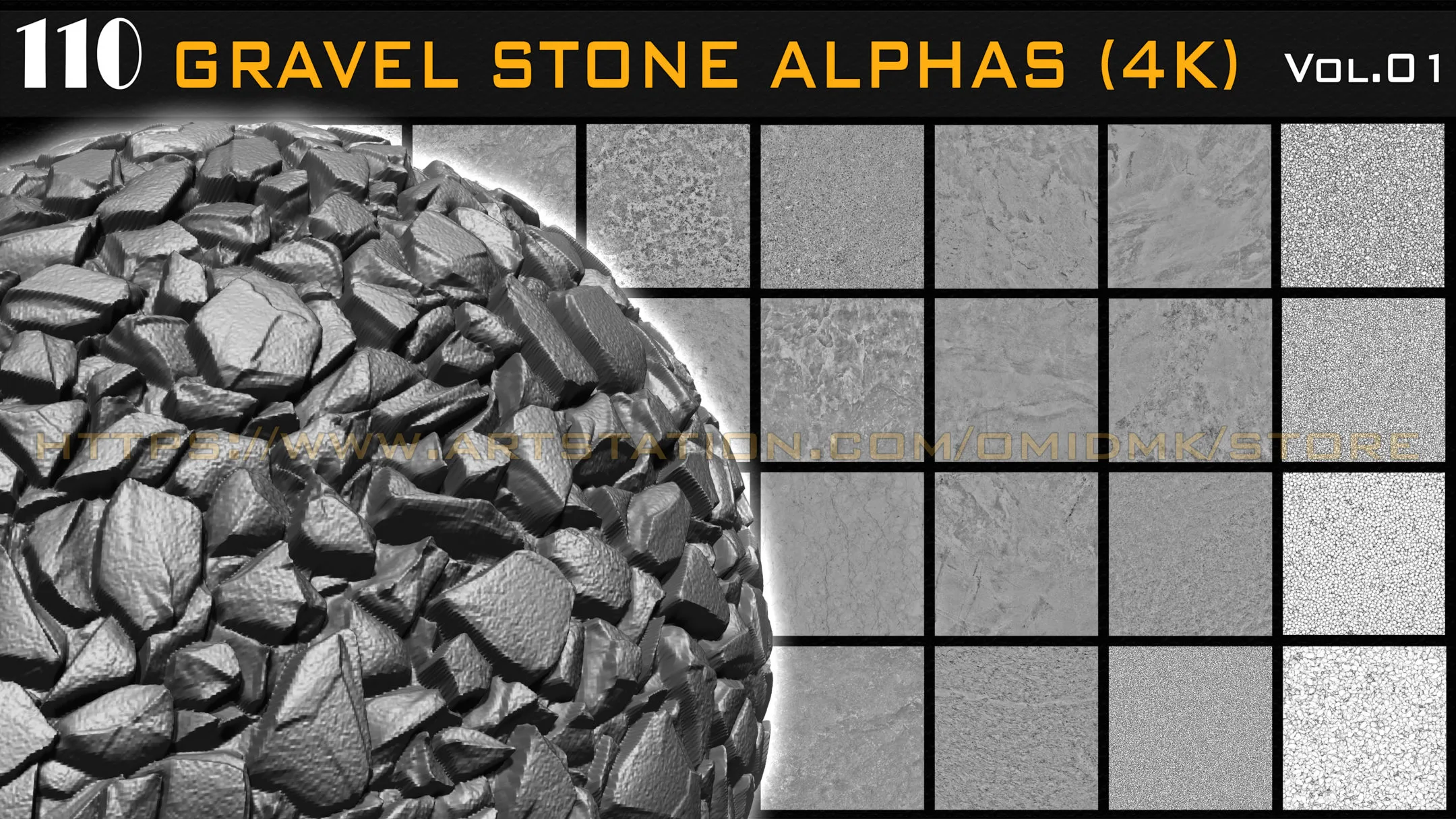 110 Gravel Stone Alphas (4K) for Zbrush, Blender, Substance, etc -Vol.01