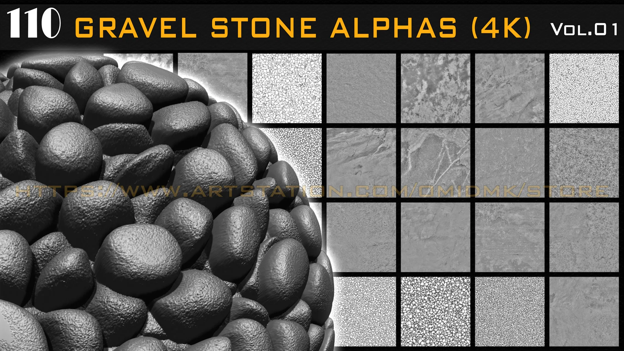 110 Gravel Stone Alphas (4K) for Zbrush, Blender, Substance, etc -Vol.01