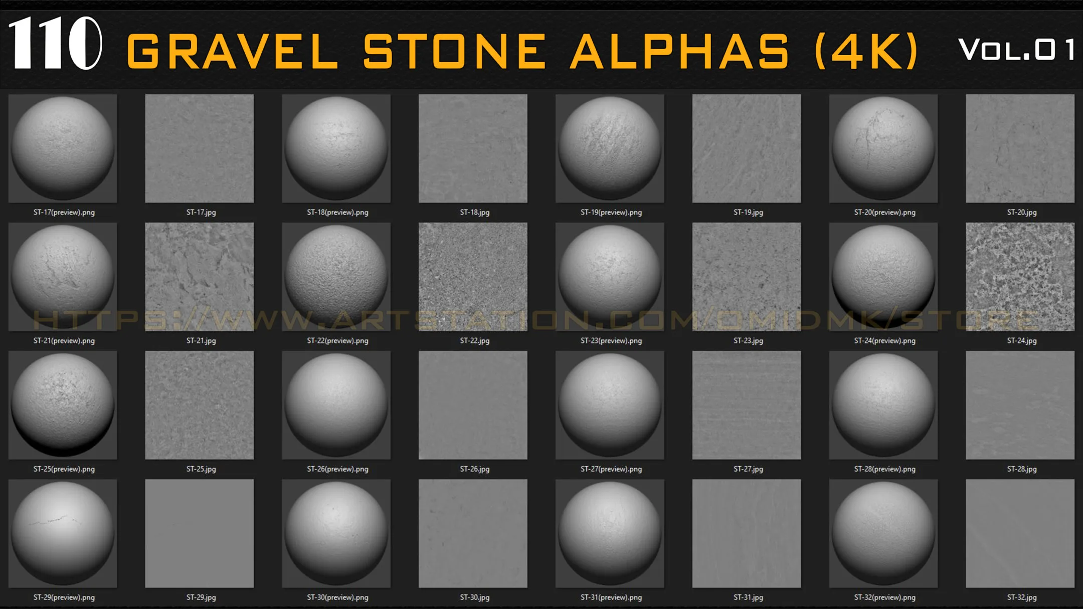 110 Gravel Stone Alphas (4K) for Zbrush, Blender, Substance, etc -Vol.01