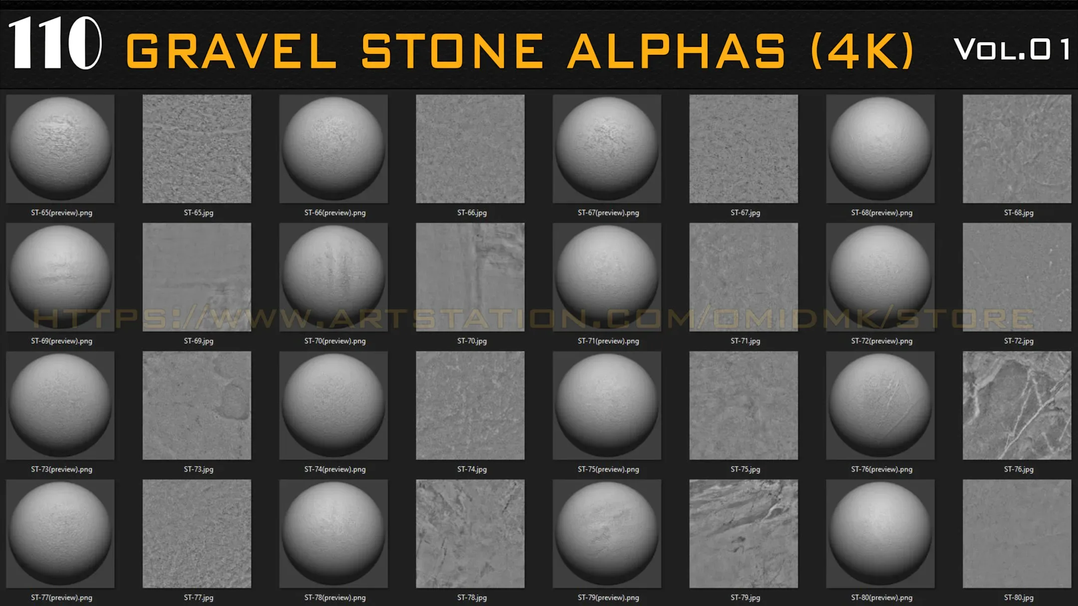 110 Gravel Stone Alphas (4K) for Zbrush, Blender, Substance, etc -Vol.01