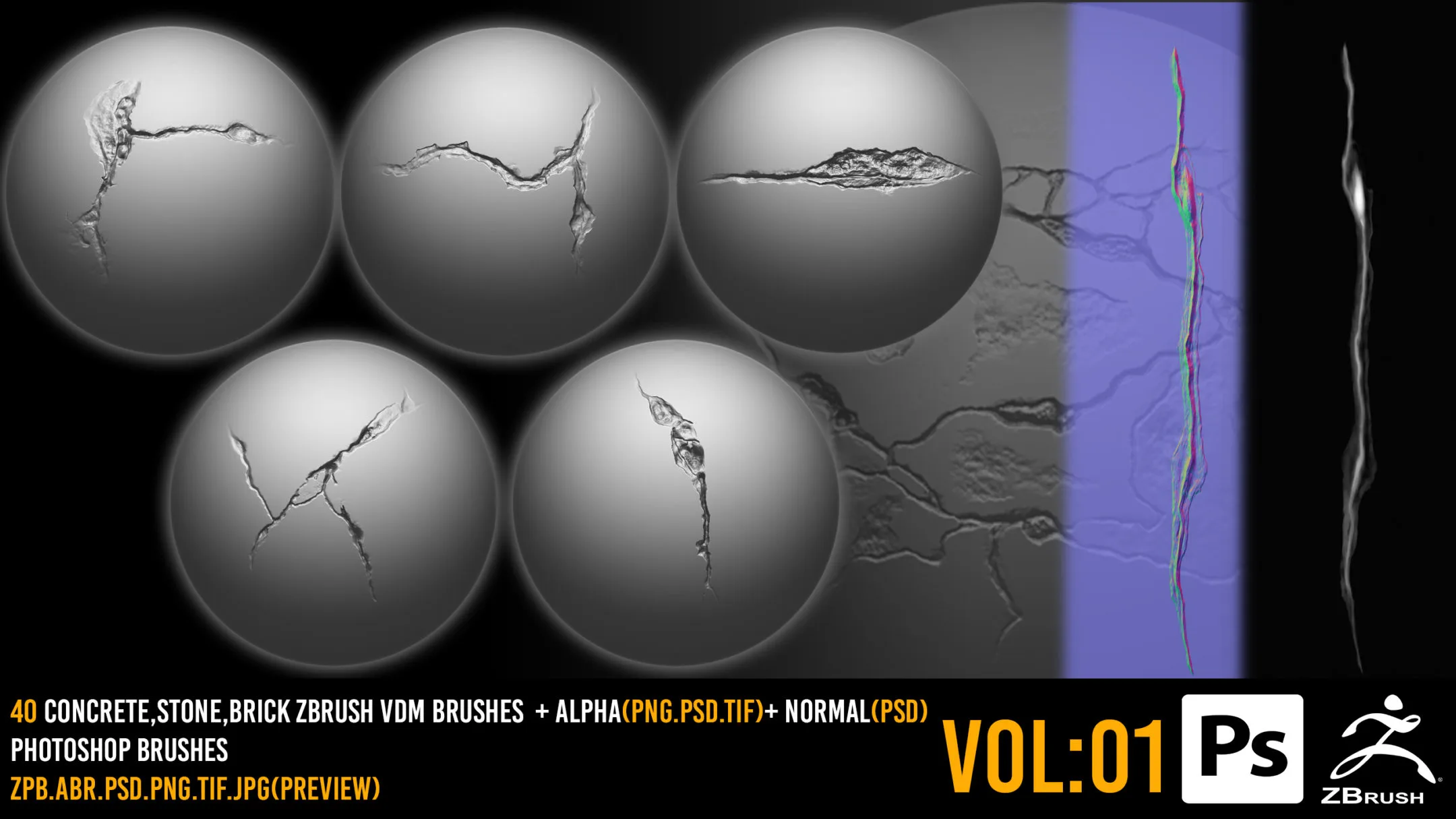 40 Zbrush Crack Brushes + 4k alpha + 2k normal + Photoshop Brushes - VOL 01