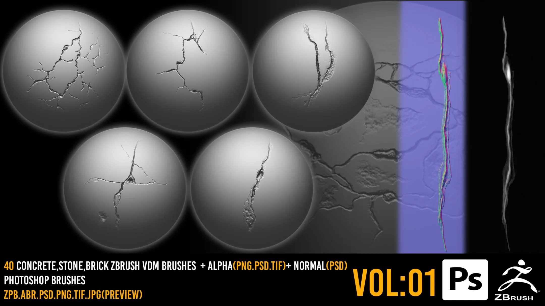 40 Zbrush Crack Brushes + 4k alpha + 2k normal + Photoshop Brushes - VOL 01