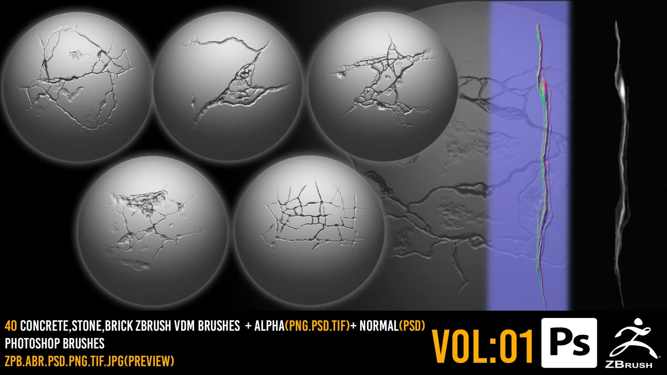 40 Zbrush Crack Brushes + 4k alpha + 2k normal + Photoshop Brushes - VOL 01