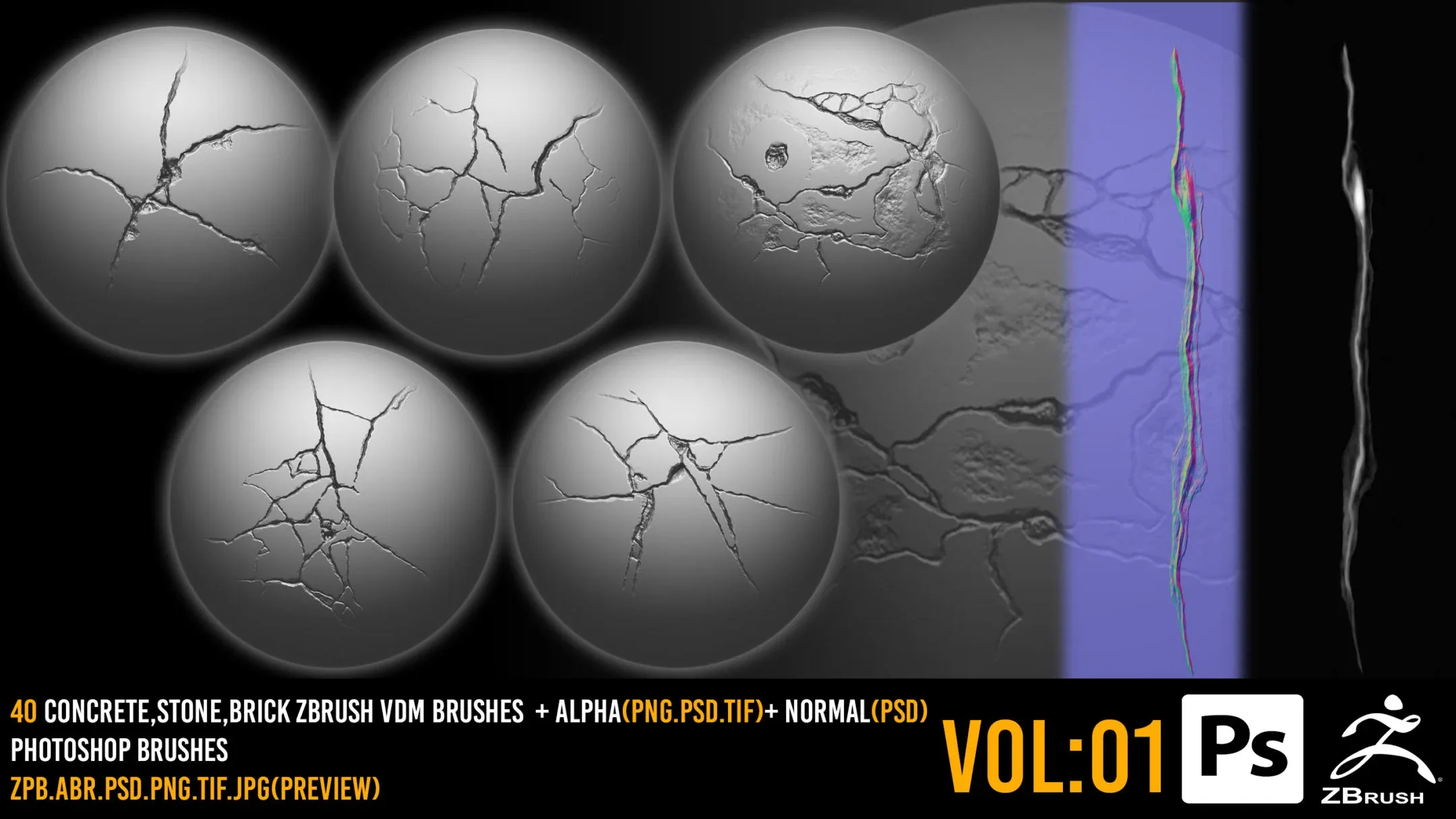 40 Zbrush Crack Brushes + 4k alpha + 2k normal + Photoshop Brushes - VOL 01