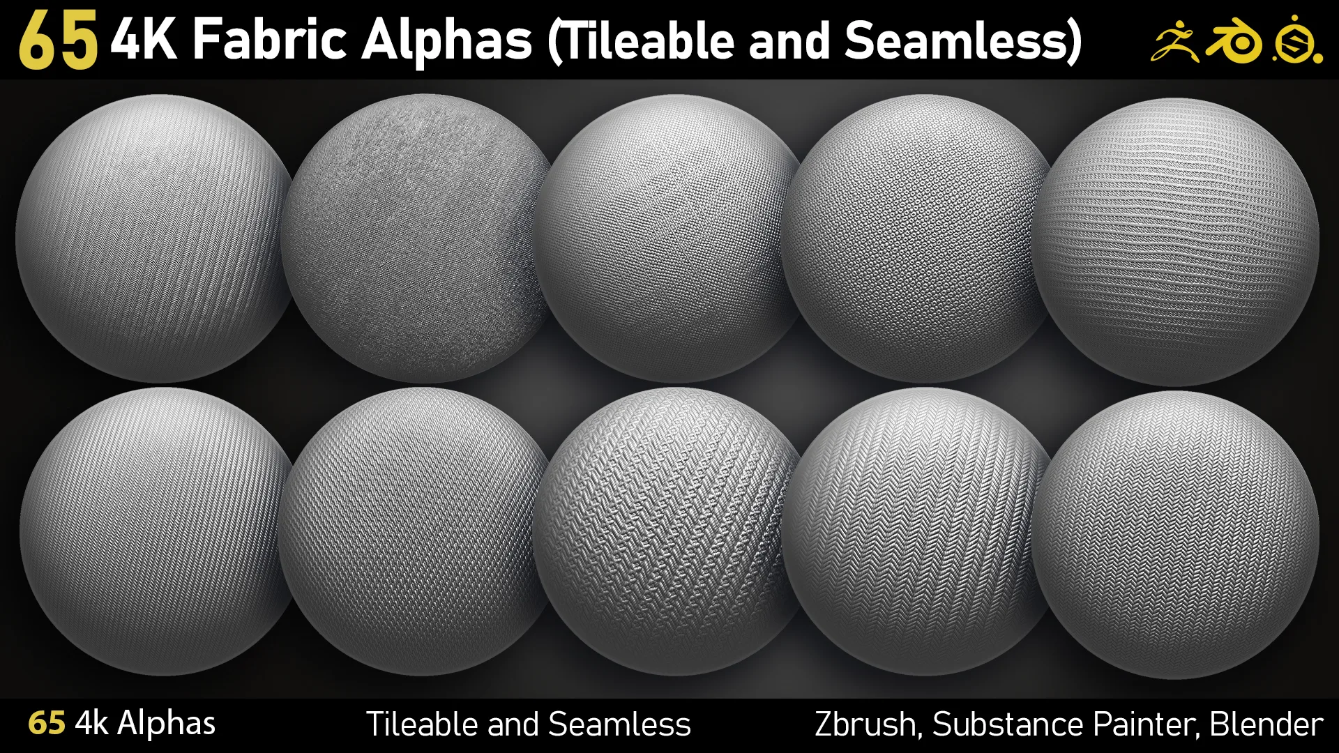 65 4K Fabric Alphas (Seamless and Tileable) PNG-Zbrush-Substance Painter-Blender-Photoshop