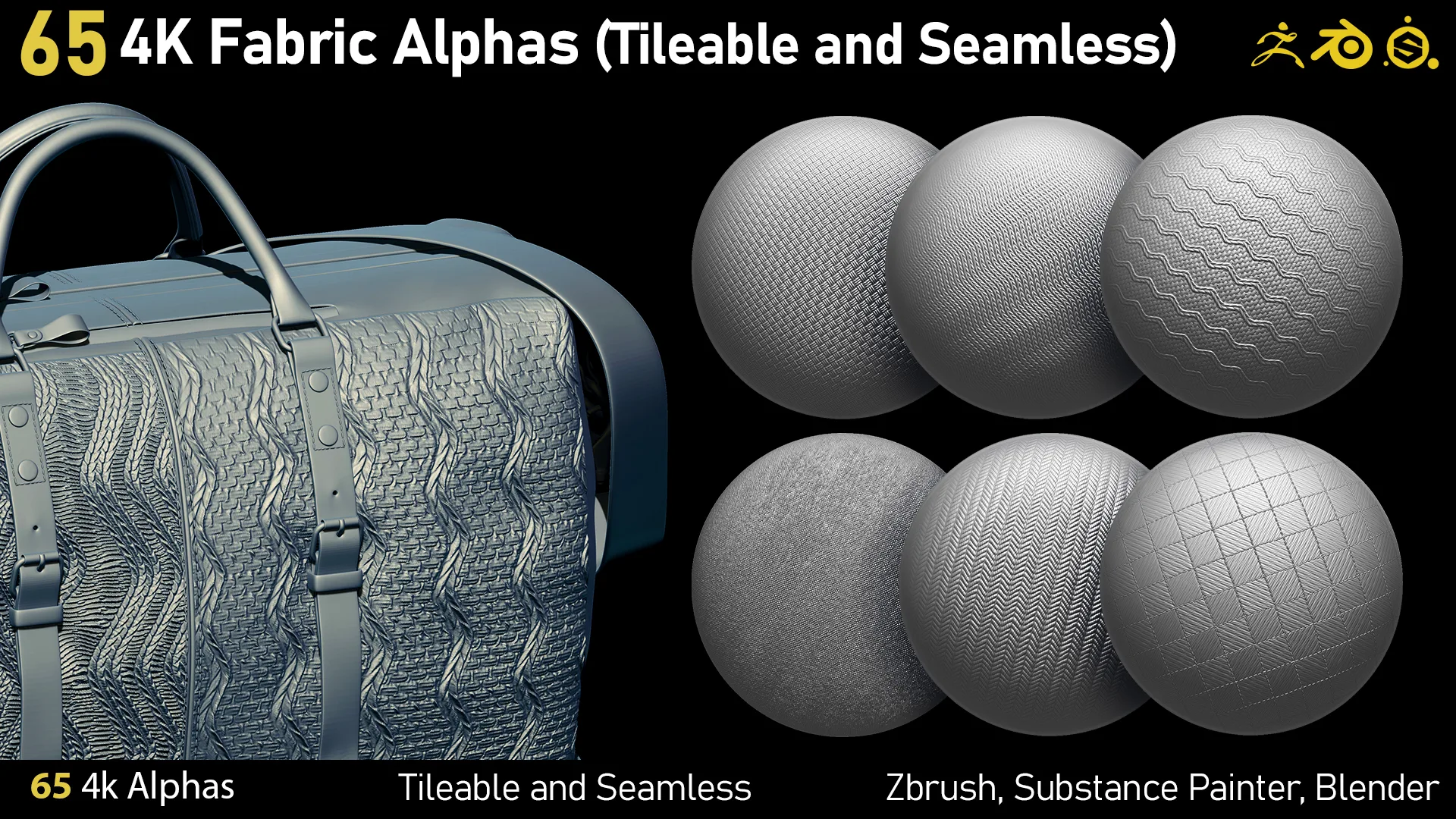 65 4K Fabric Alphas (Seamless and Tileable) PNG-Zbrush-Substance Painter-Blender-Photoshop