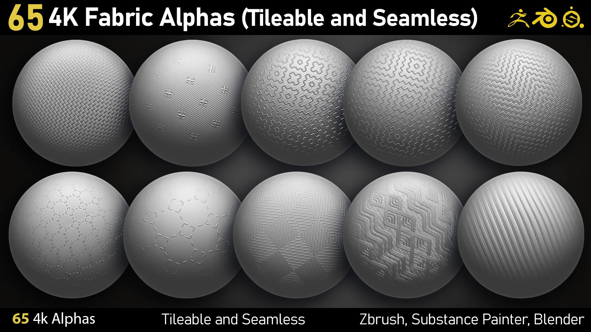 65 4K Fabric Alphas (Seamless and Tileable) PNG-Zbrush-Substance Painter-Blender-Photoshop