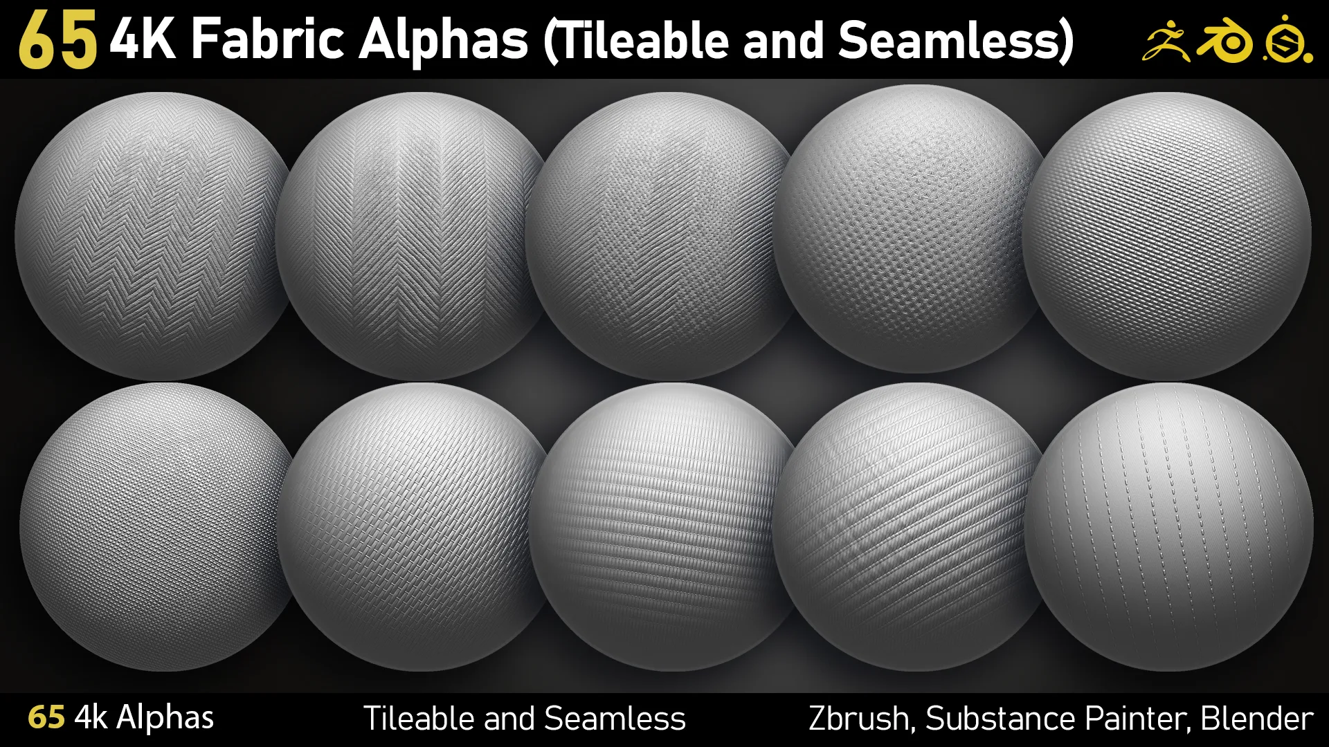 65 4K Fabric Alphas (Seamless and Tileable) PNG-Zbrush-Substance Painter-Blender-Photoshop