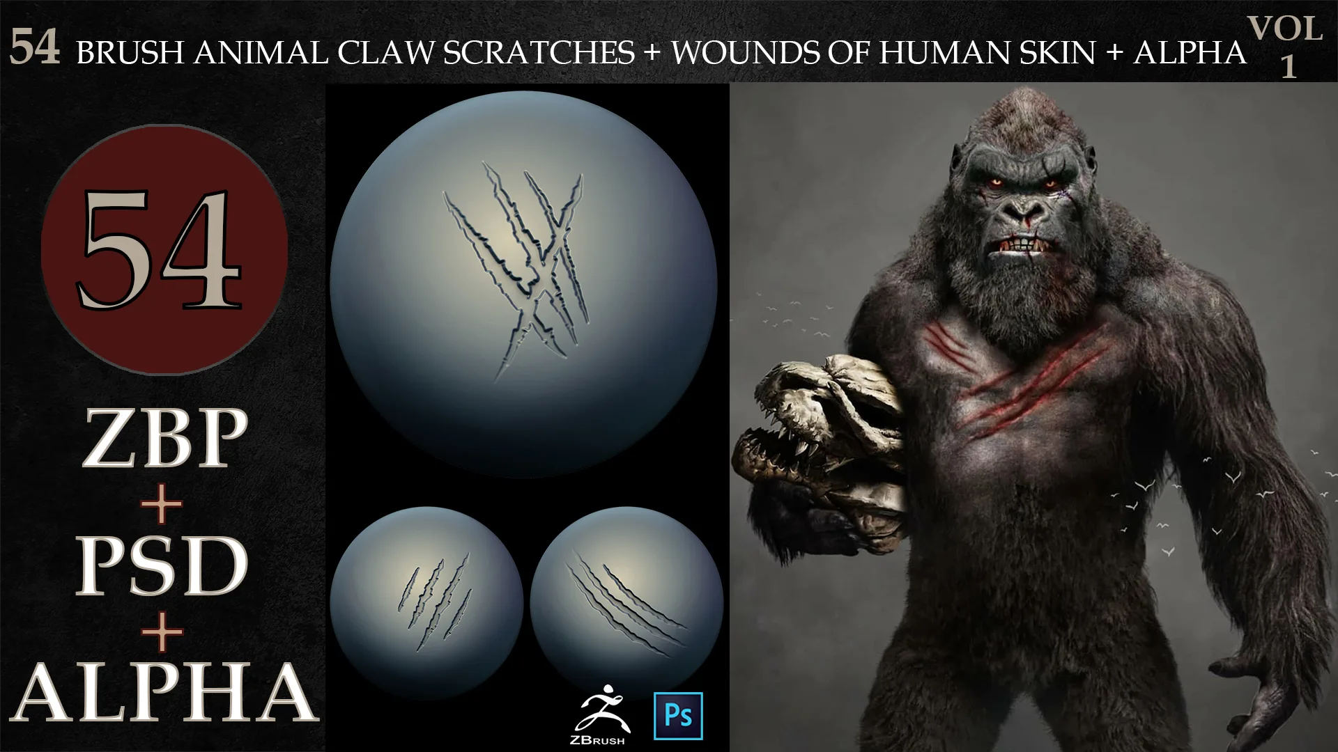 54 ZBRUSH ANIMAL CLAW SCRATCHES + WOUNDS OF HUMAN SKIN + ALPHA