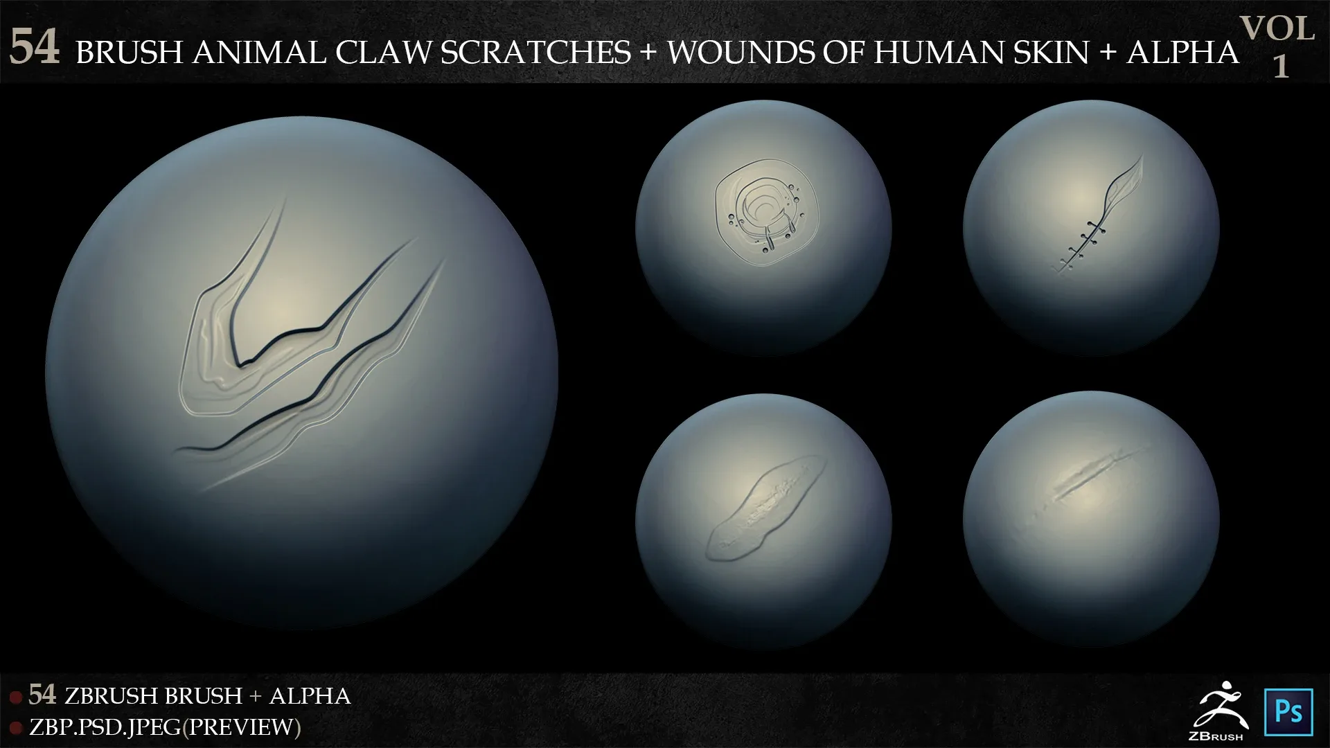 54 ZBRUSH ANIMAL CLAW SCRATCHES + WOUNDS OF HUMAN SKIN + ALPHA