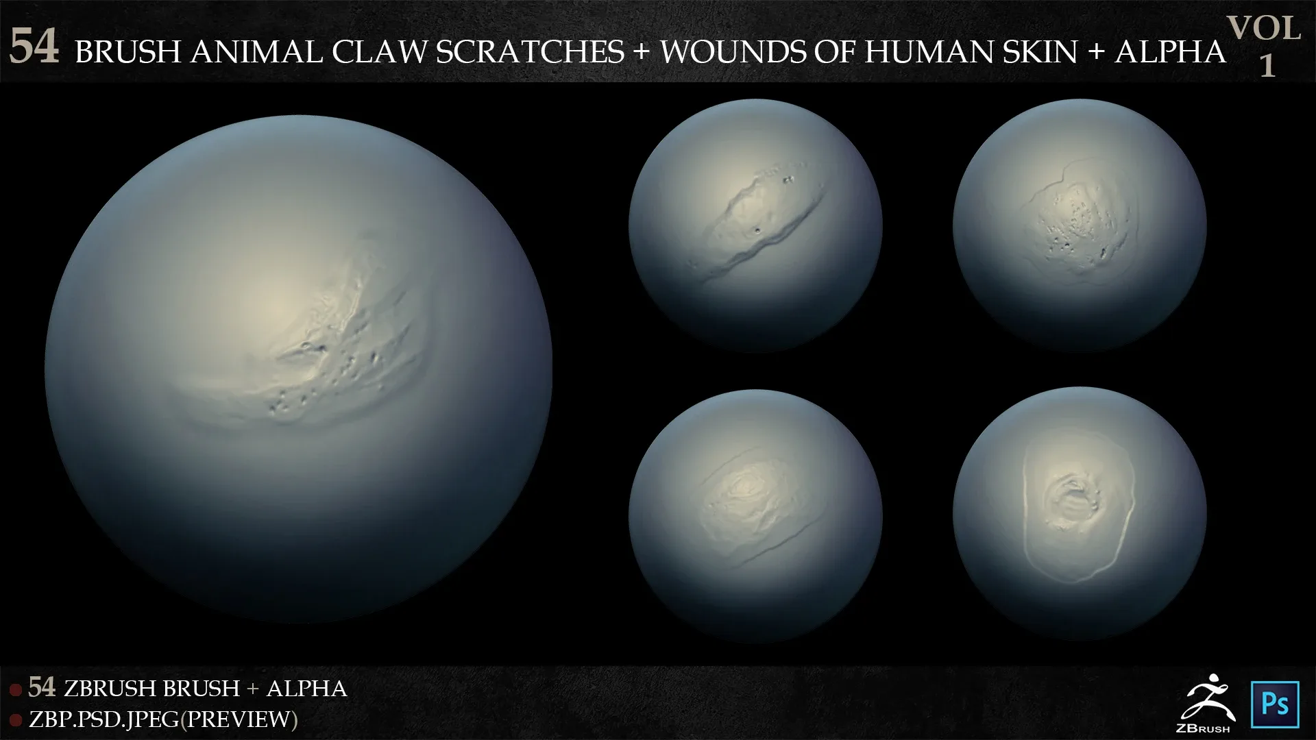 54 ZBRUSH ANIMAL CLAW SCRATCHES + WOUNDS OF HUMAN SKIN + ALPHA