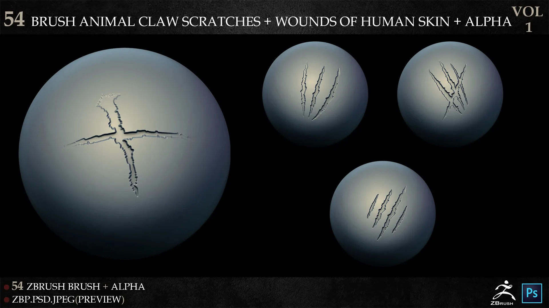 54 ZBRUSH ANIMAL CLAW SCRATCHES + WOUNDS OF HUMAN SKIN + ALPHA