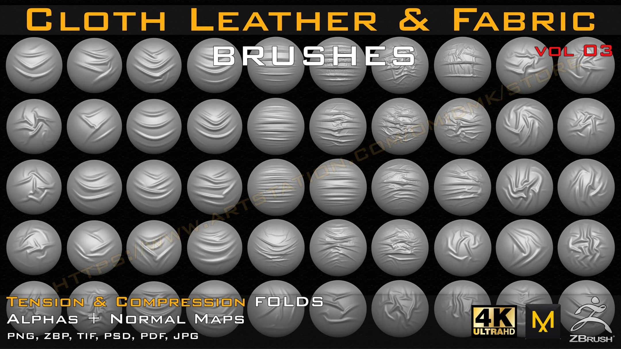 50 Cloth Leather & Fabric Brushes (4k) Tension & Compression Folds- Alpha + Normal Maps ( Vol.03 )