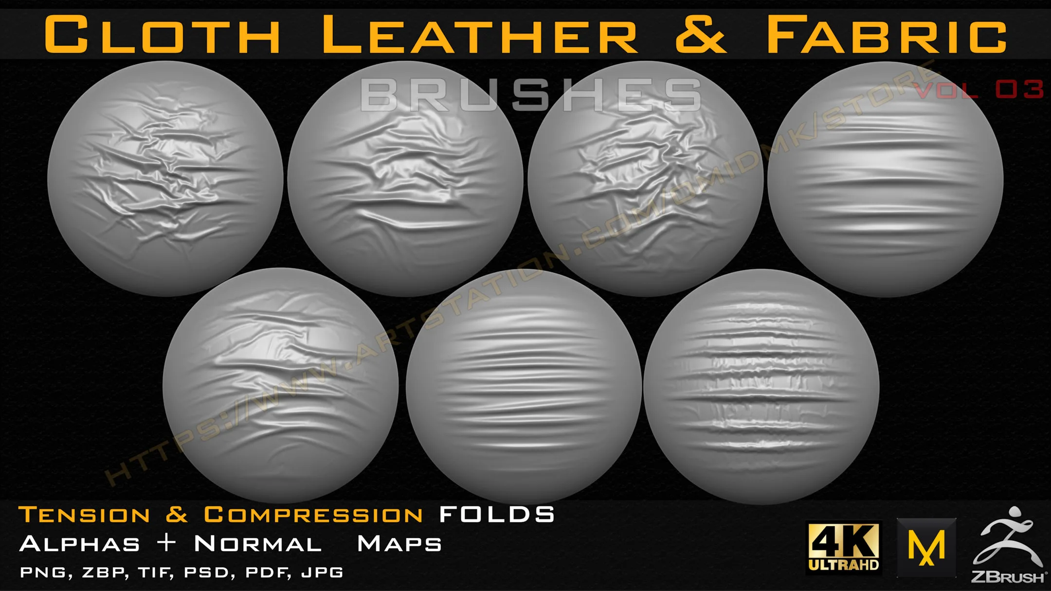 50 Cloth Leather & Fabric Brushes (4k) Tension & Compression Folds- Alpha + Normal Maps ( Vol.03 )