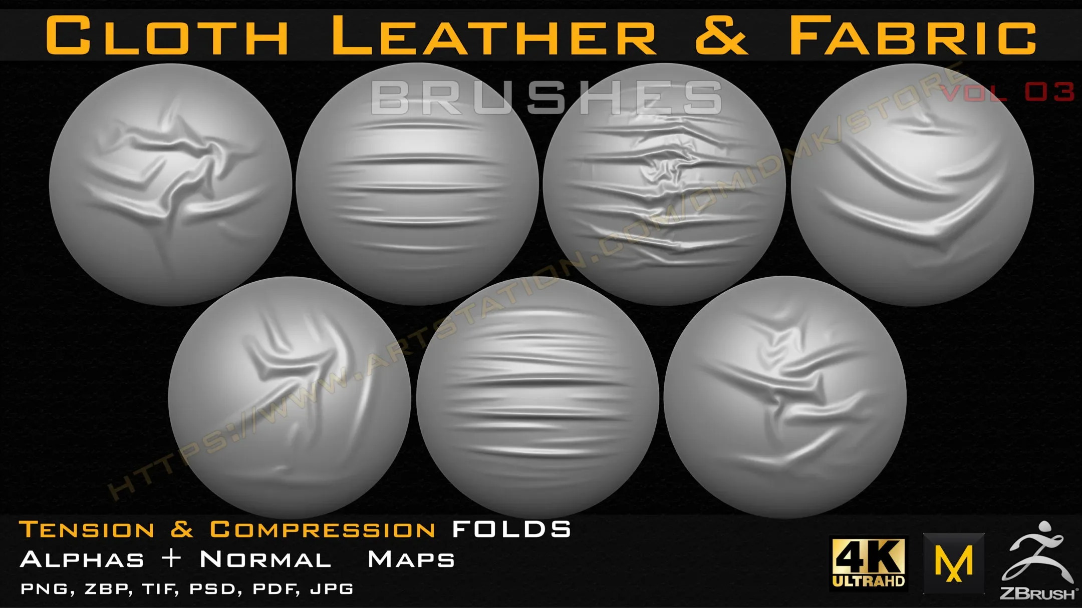 50 Cloth Leather & Fabric Brushes (4k) Tension & Compression Folds- Alpha + Normal Maps ( Vol.03 )