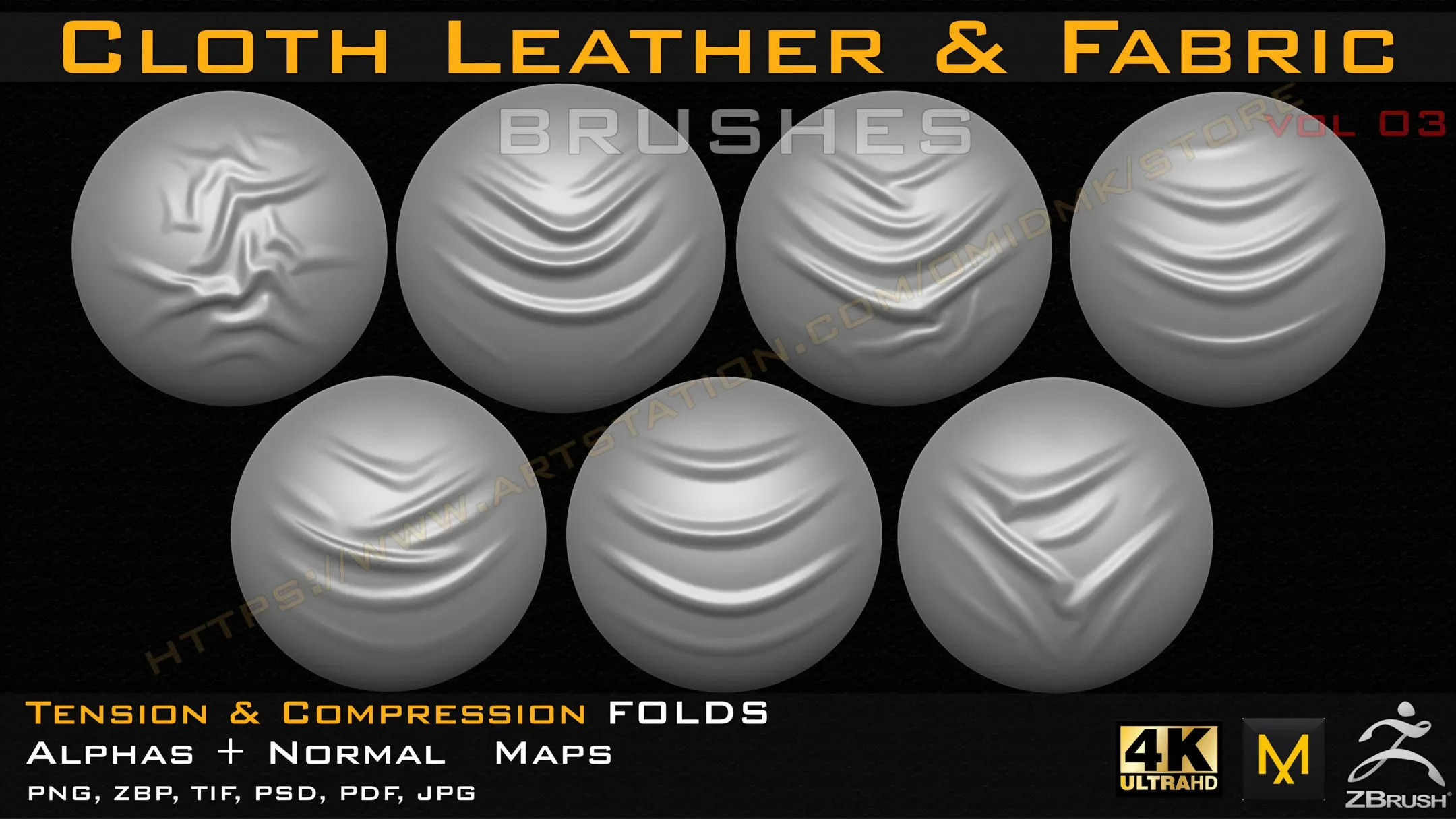 50 Cloth Leather & Fabric Brushes (4k) Tension & Compression Folds- Alpha + Normal Maps ( Vol.03 )