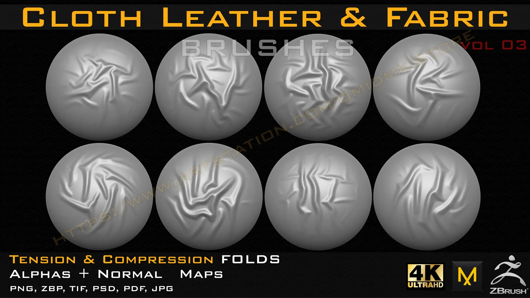 50 Cloth Leather & Fabric Brushes (4k) Tension & Compression Folds- Alpha + Normal Maps ( Vol.03 )