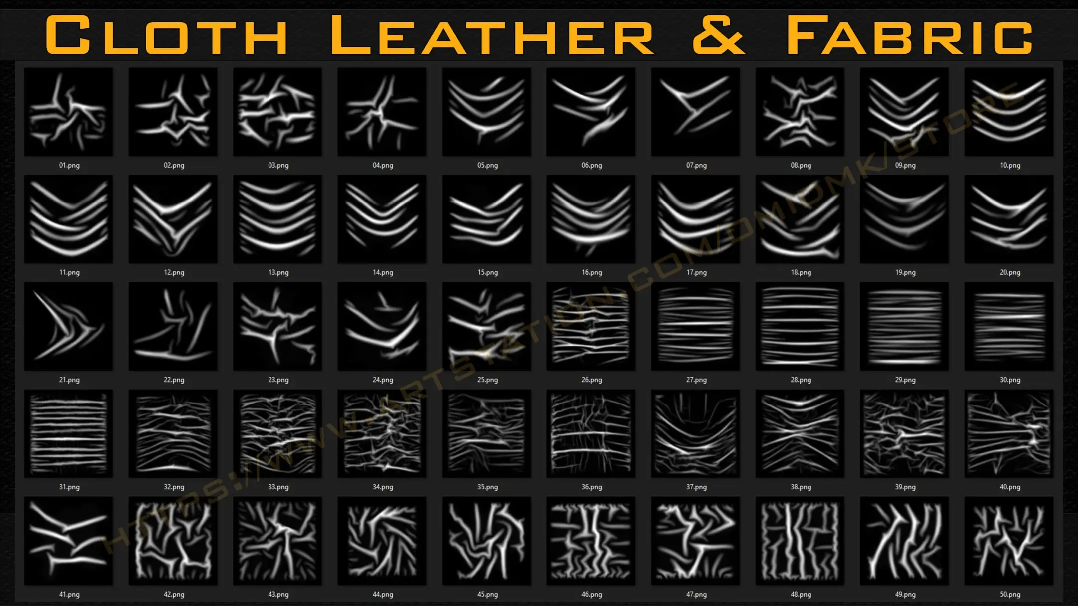 50 Cloth Leather & Fabric Brushes (4k) Tension & Compression Folds- Alpha + Normal Maps ( Vol.03 )