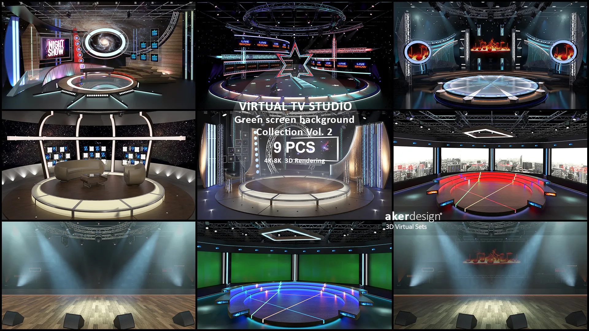 Virtual TV Studio Green Screen Background. Collection Vol.2. 9PCS Design