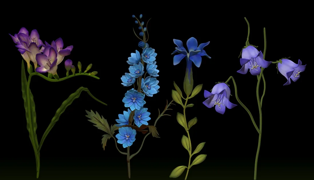 10 Blue and Purple Flowers 3D Pack For Zbrush - including ZPR, ZTL and OBJ.