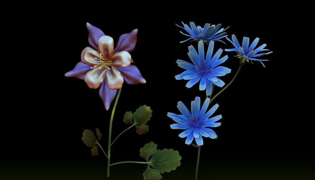 10 Blue and Purple Flowers 3D Pack For Zbrush - including ZPR, ZTL and OBJ.