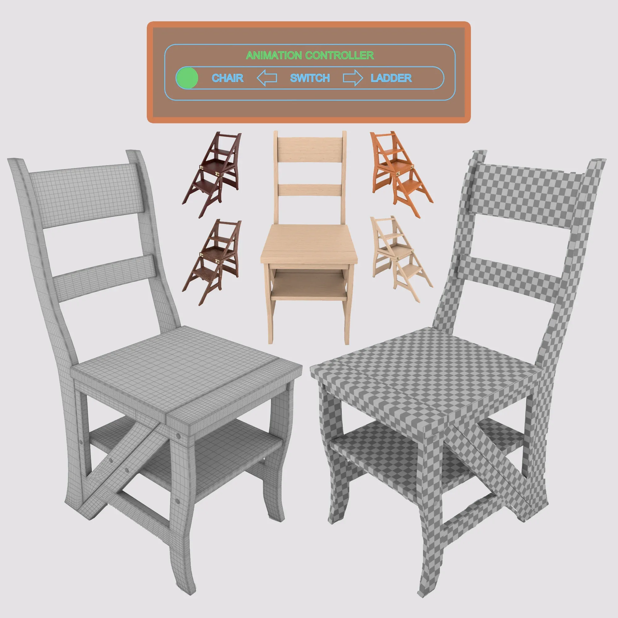 Ladder Chair + Rigging and Animation (4 wood versions)