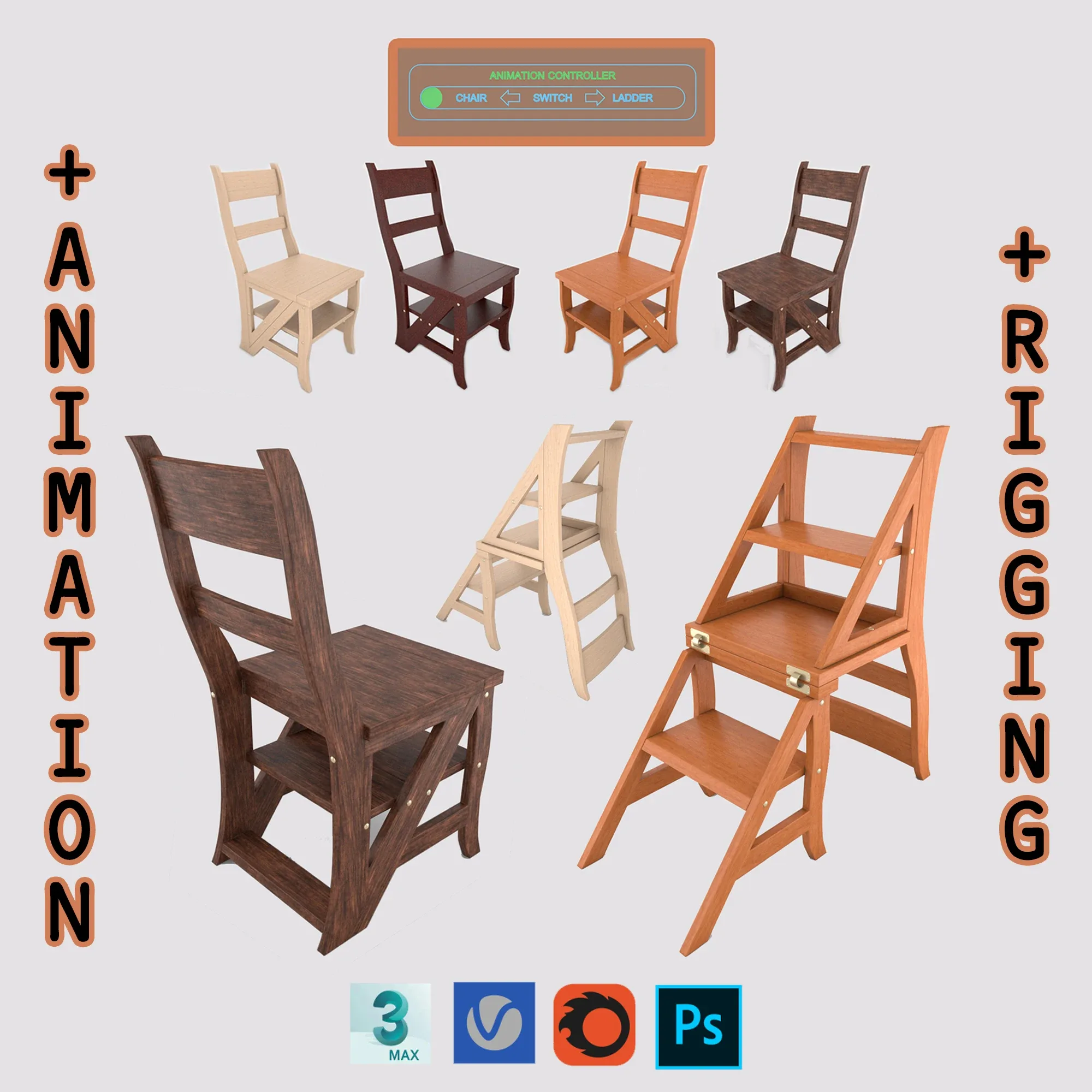 Ladder Chair + Rigging and Animation (4 wood versions)