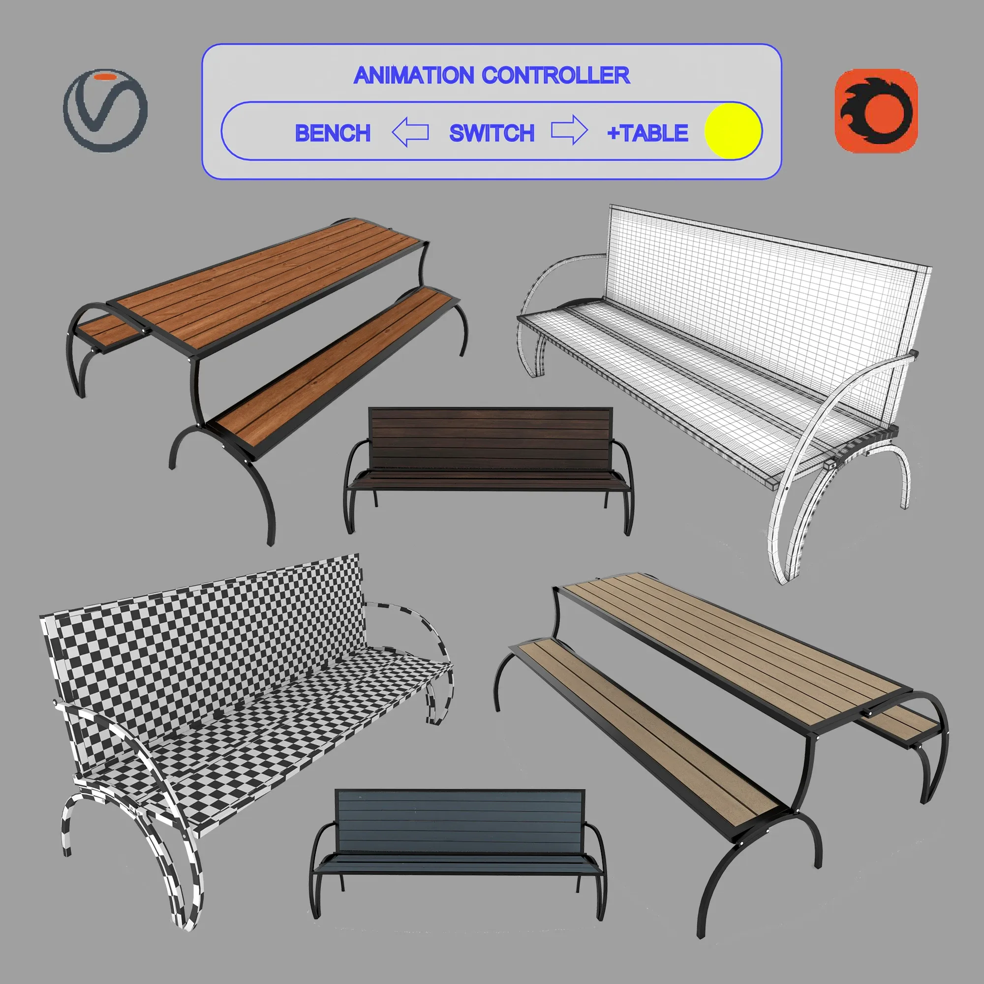 Convertible Bench and Table + Rigging and Animation (4 wood versions)