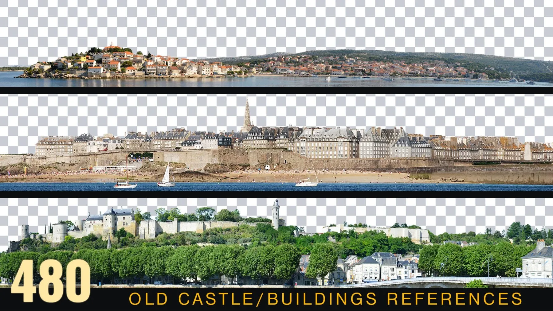 480 OLD BUILDINGS PANORAMIC View | Castles Cutouts VOL_4