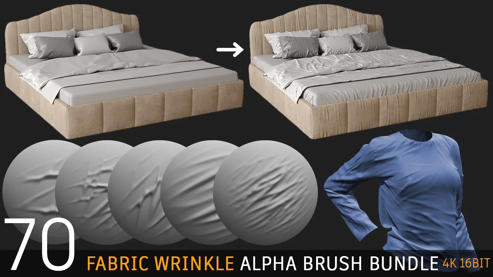 70 Fabric Wrinkle Alpha Brush : Tension & Compression (4K tiff 16bit)