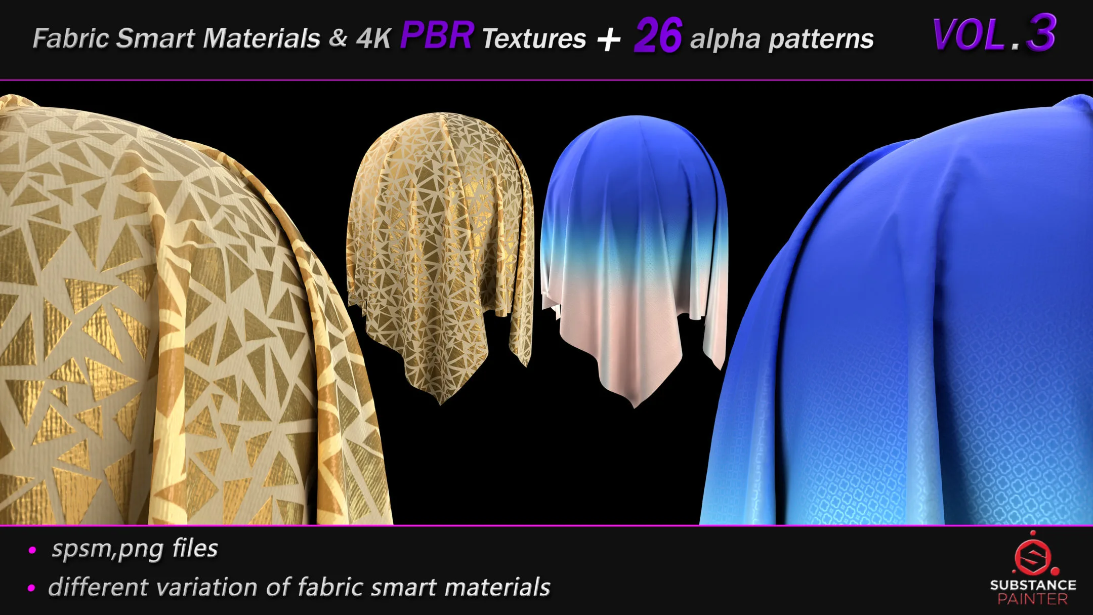 50 High Quality Fabric Smart Material Bundle + 4K PBR Texture + 26 Seamless Alpha Patterns _VOL.3