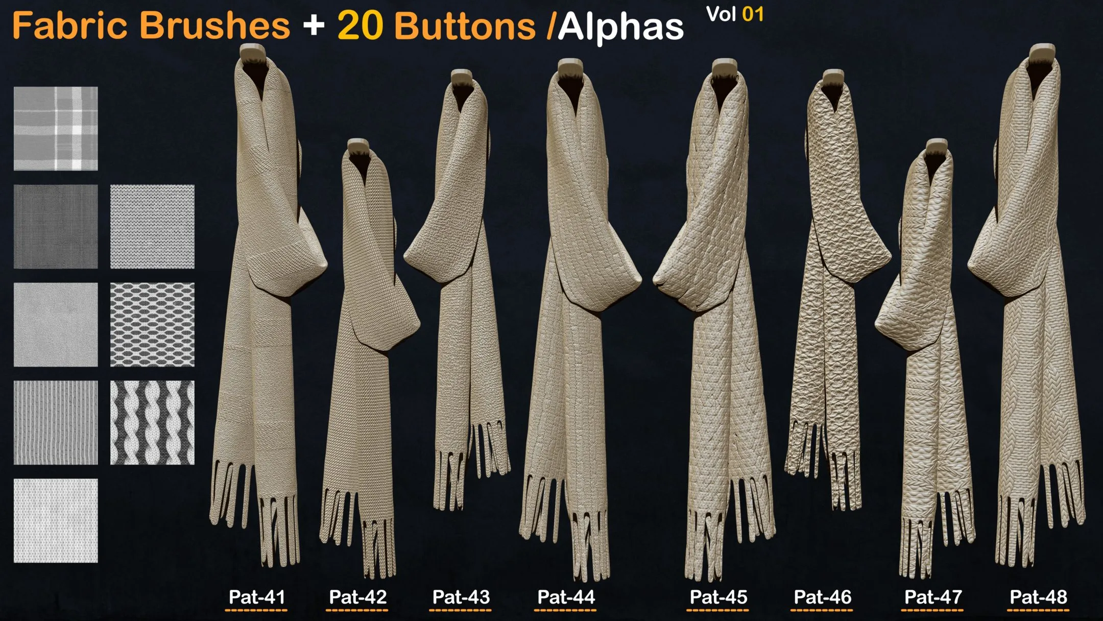 60 Fabric Brushes+20 Buttons / Alphas - Vol 01