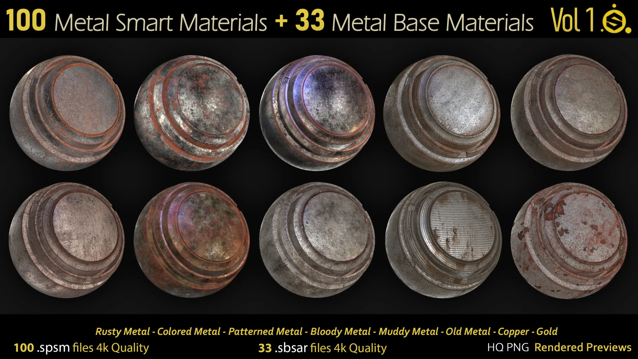 100 Metal Smart Materials - spsm + 33.sbsar - Base Materials - Substance Painter - Substance Designer