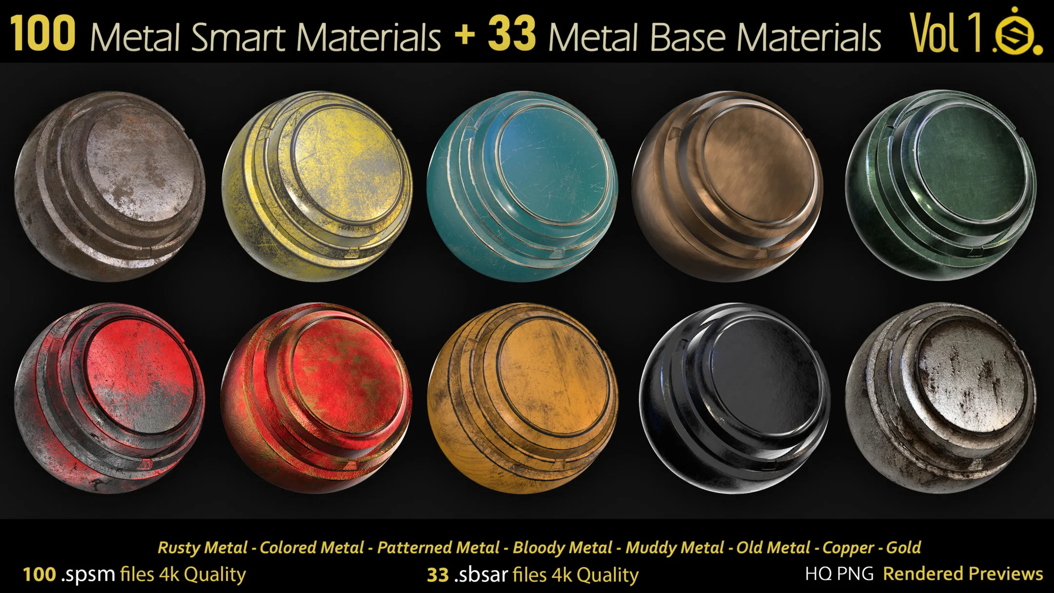 100 Metal Smart Materials - spsm + 33.sbsar - Base Materials - Substance Painter - Substance Designer