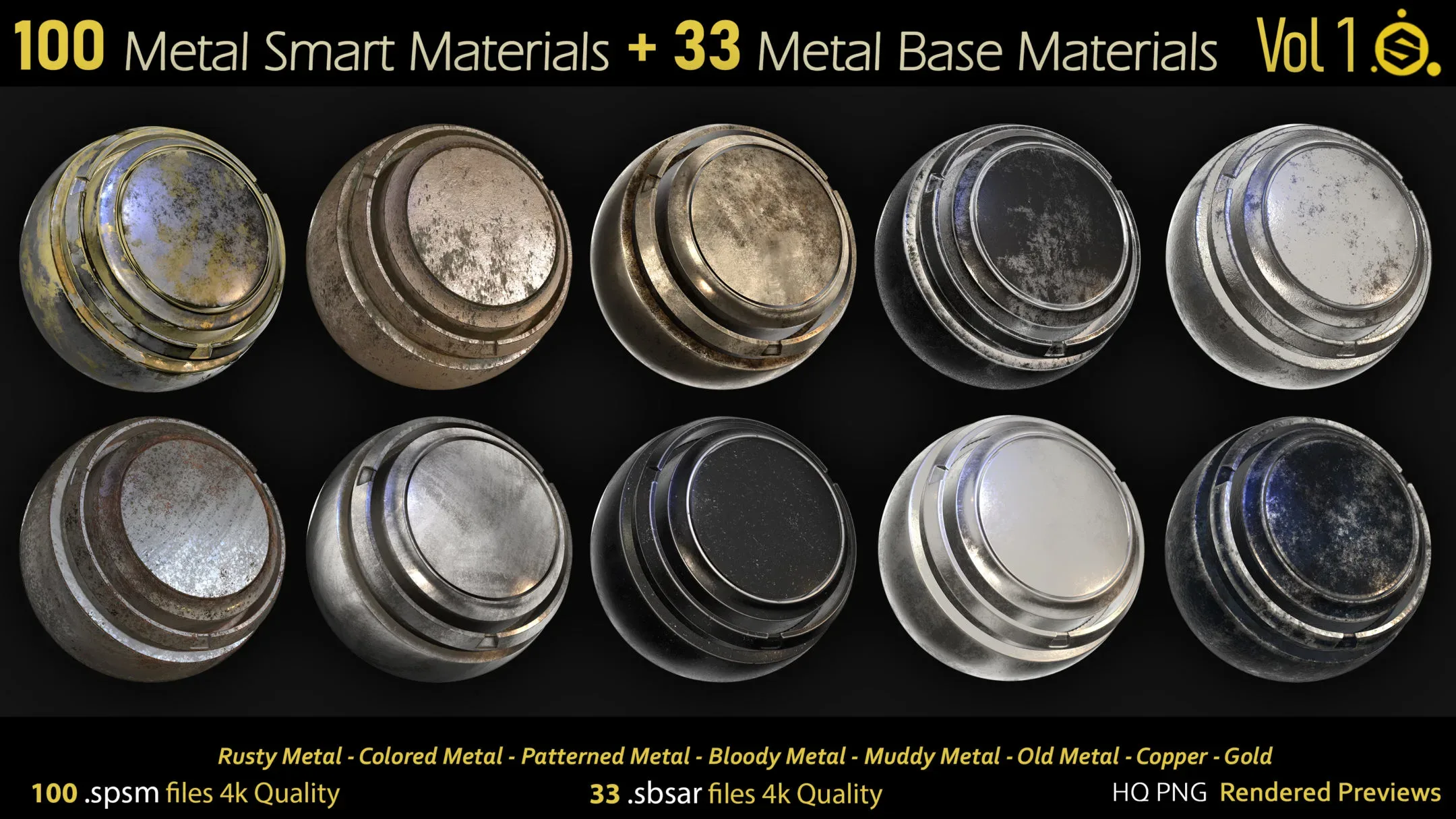 100 Metal Smart Materials - spsm + 33.sbsar - Base Materials - Substance Painter - Substance Designer