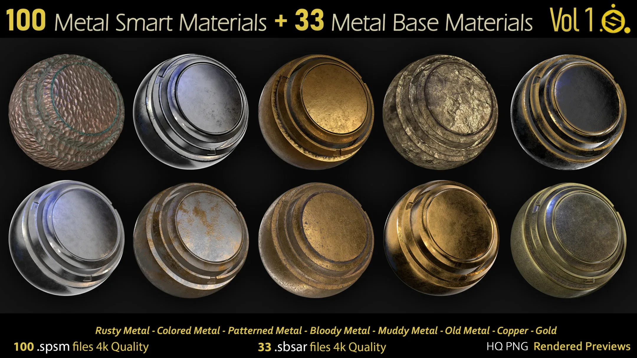 100 Metal Smart Materials - spsm + 33.sbsar - Base Materials - Substance Painter - Substance Designer