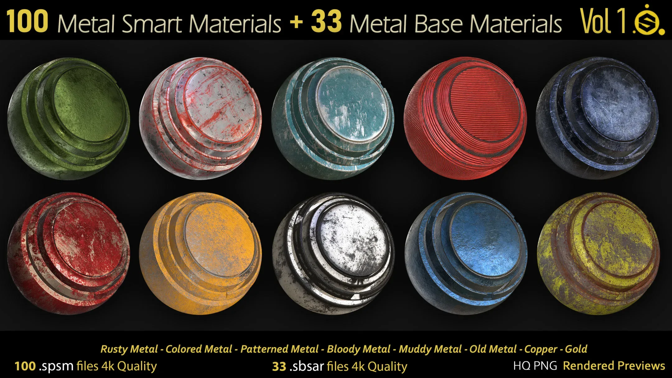 100 Metal Smart Materials - spsm + 33.sbsar - Base Materials - Substance Painter - Substance Designer
