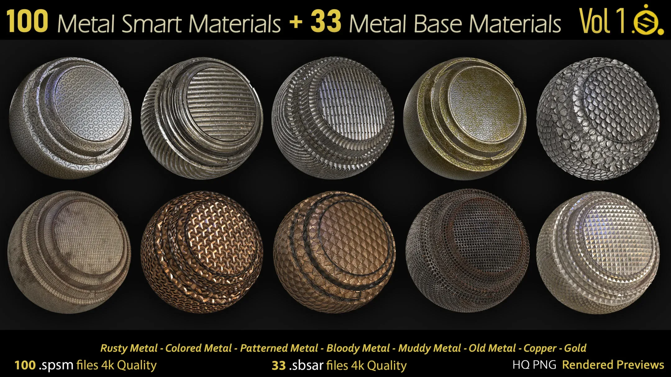 100 Metal Smart Materials - spsm + 33.sbsar - Base Materials - Substance Painter - Substance Designer