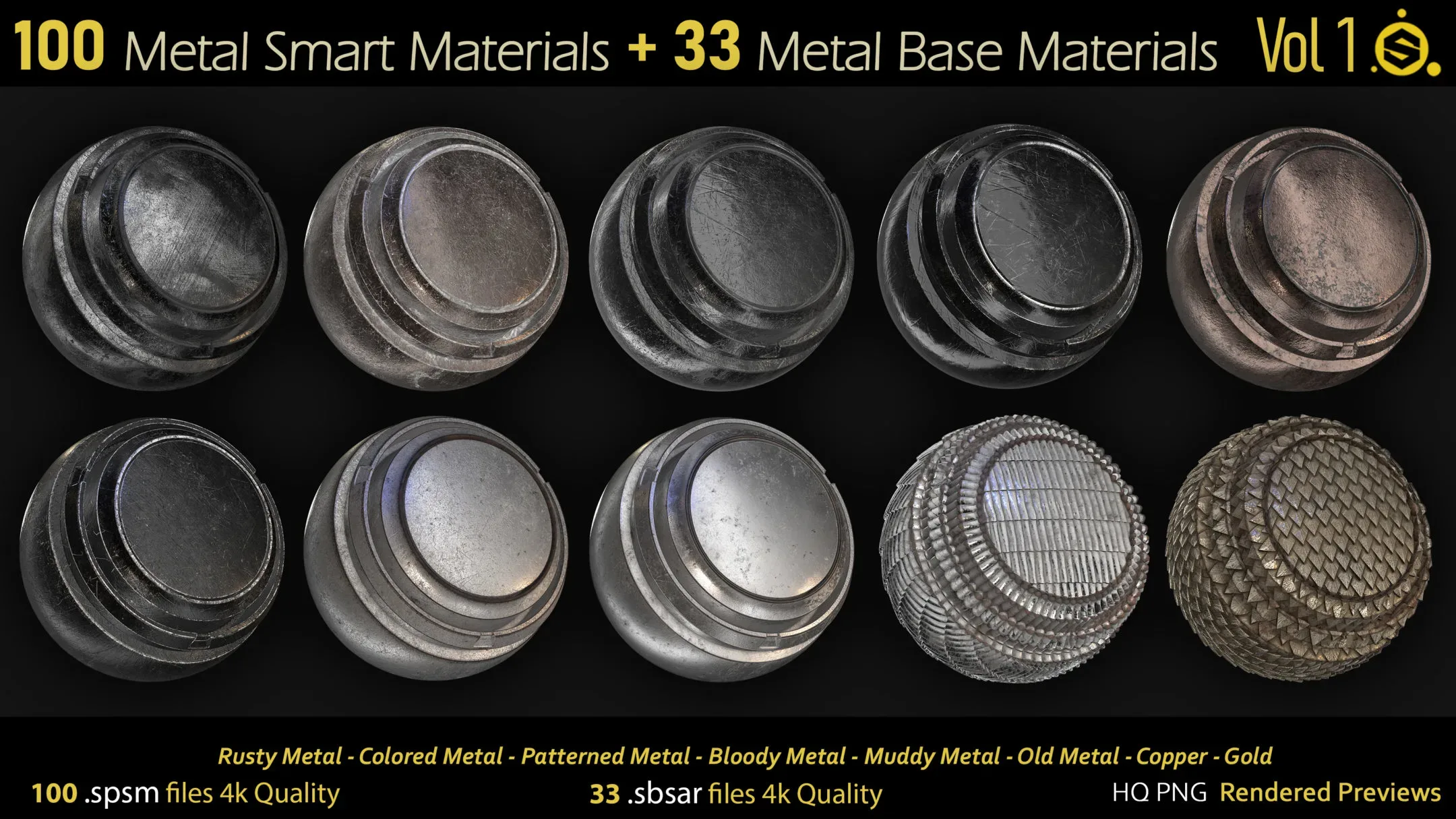 100 Metal Smart Materials - spsm + 33.sbsar - Base Materials - Substance Painter - Substance Designer