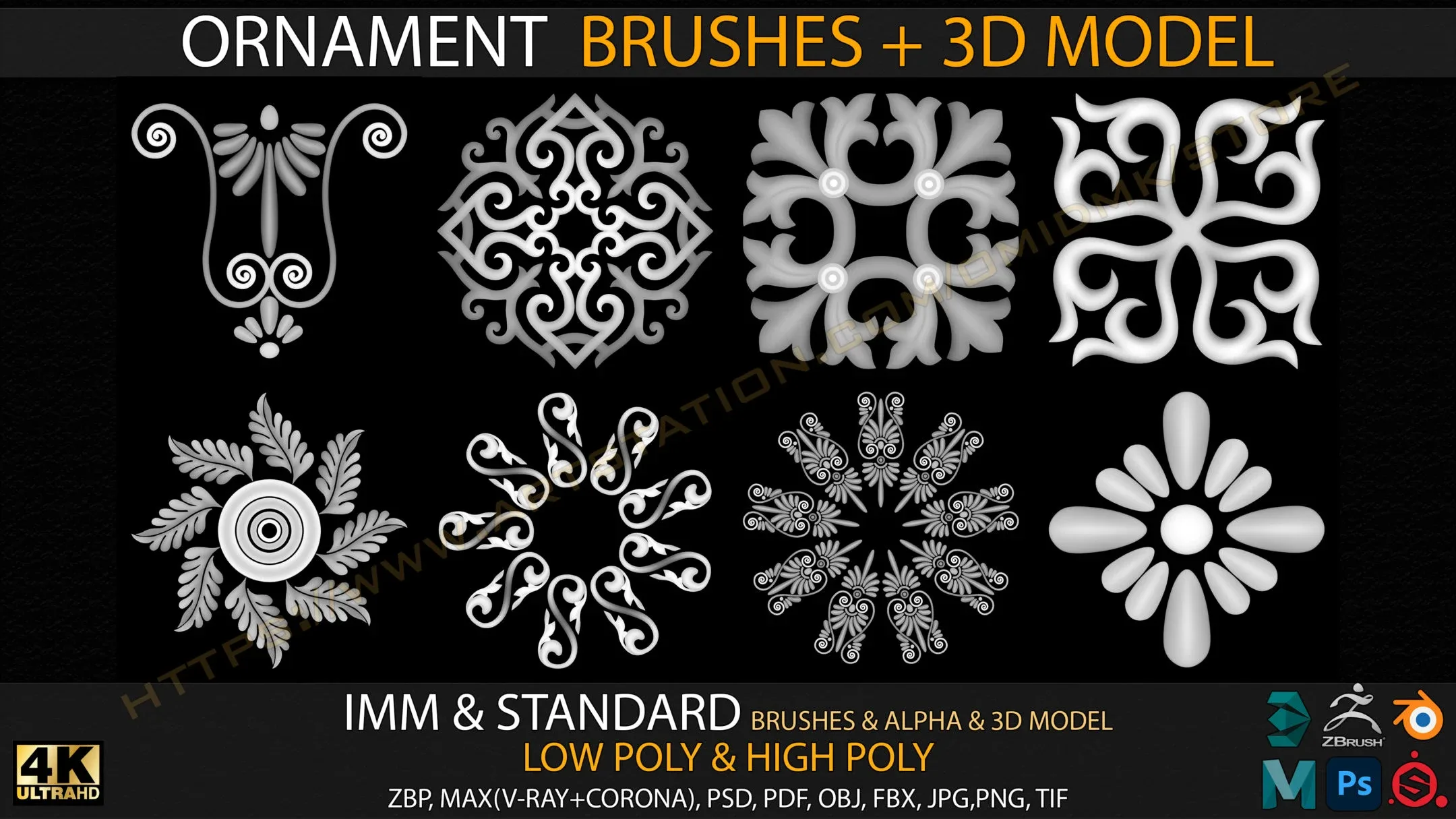 Ornament IMM & Standard Brushes+3D model+ Alpha 4K (V.02)