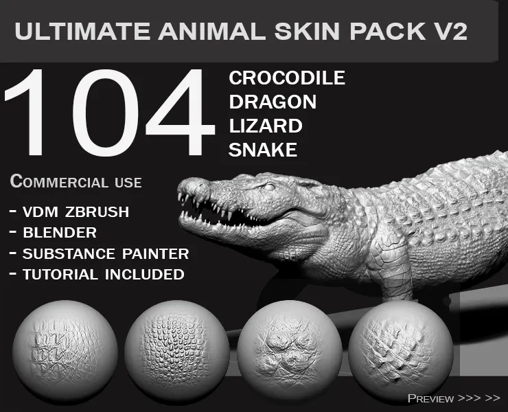 50% OFF! Ultimate 104 Animal SkinPack V2 for Zbrush/Blender and Substance Painter