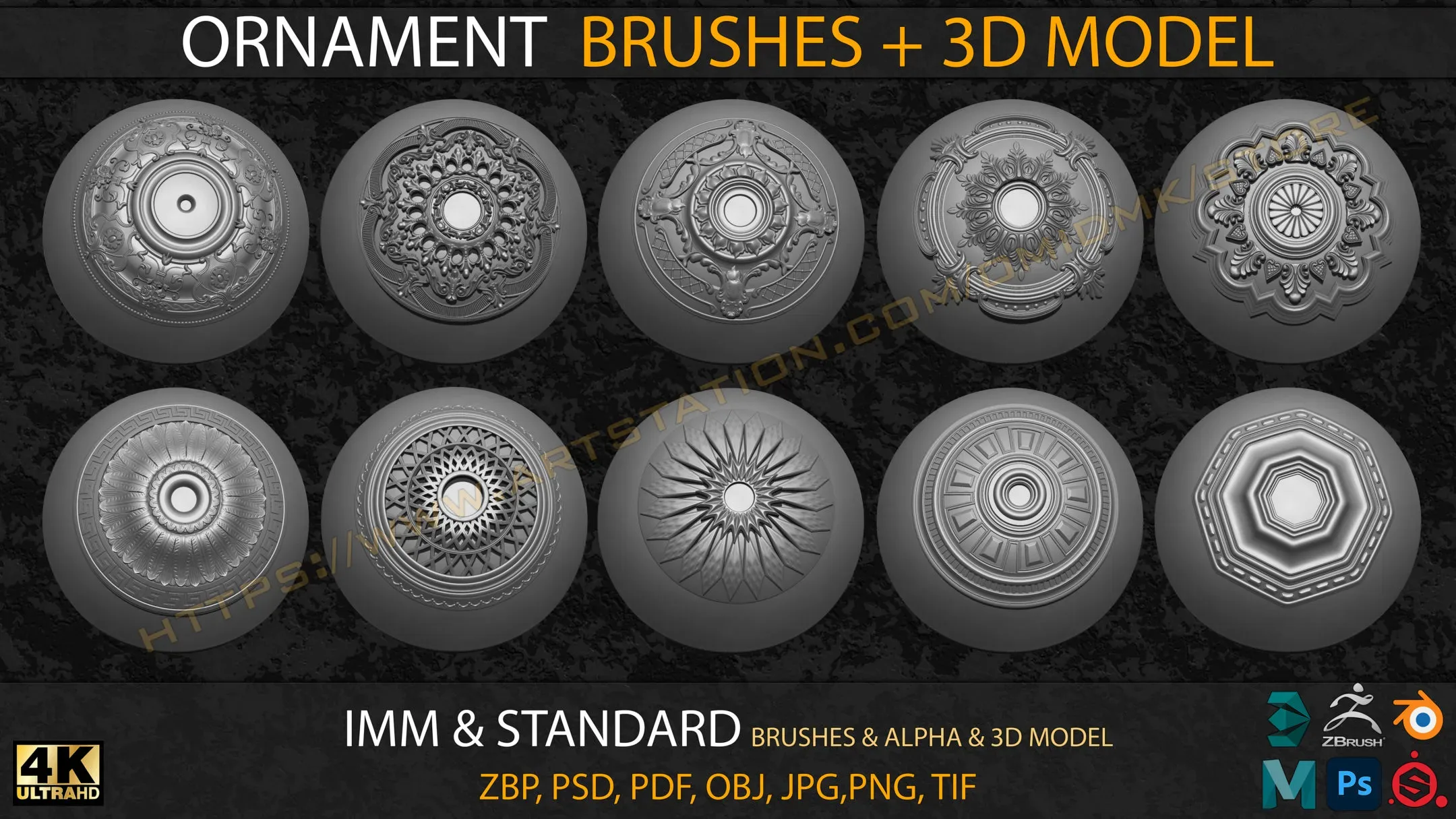 50 Ornament IMM & Standard Brushes+3D model+ Alpha 4K (V.03)