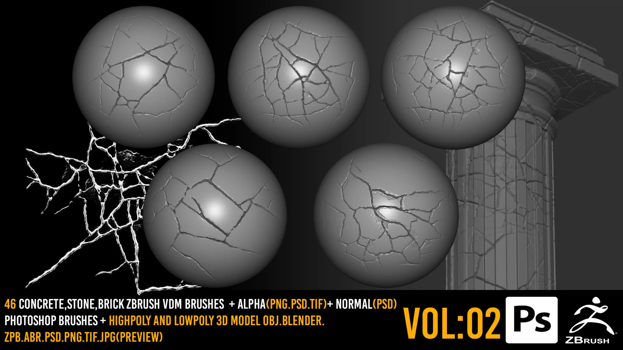 46 Zbrush Crack Brushes + 4k Alpha + 2k Normal + Photoshop Brushes + 3D Model - VOL 02