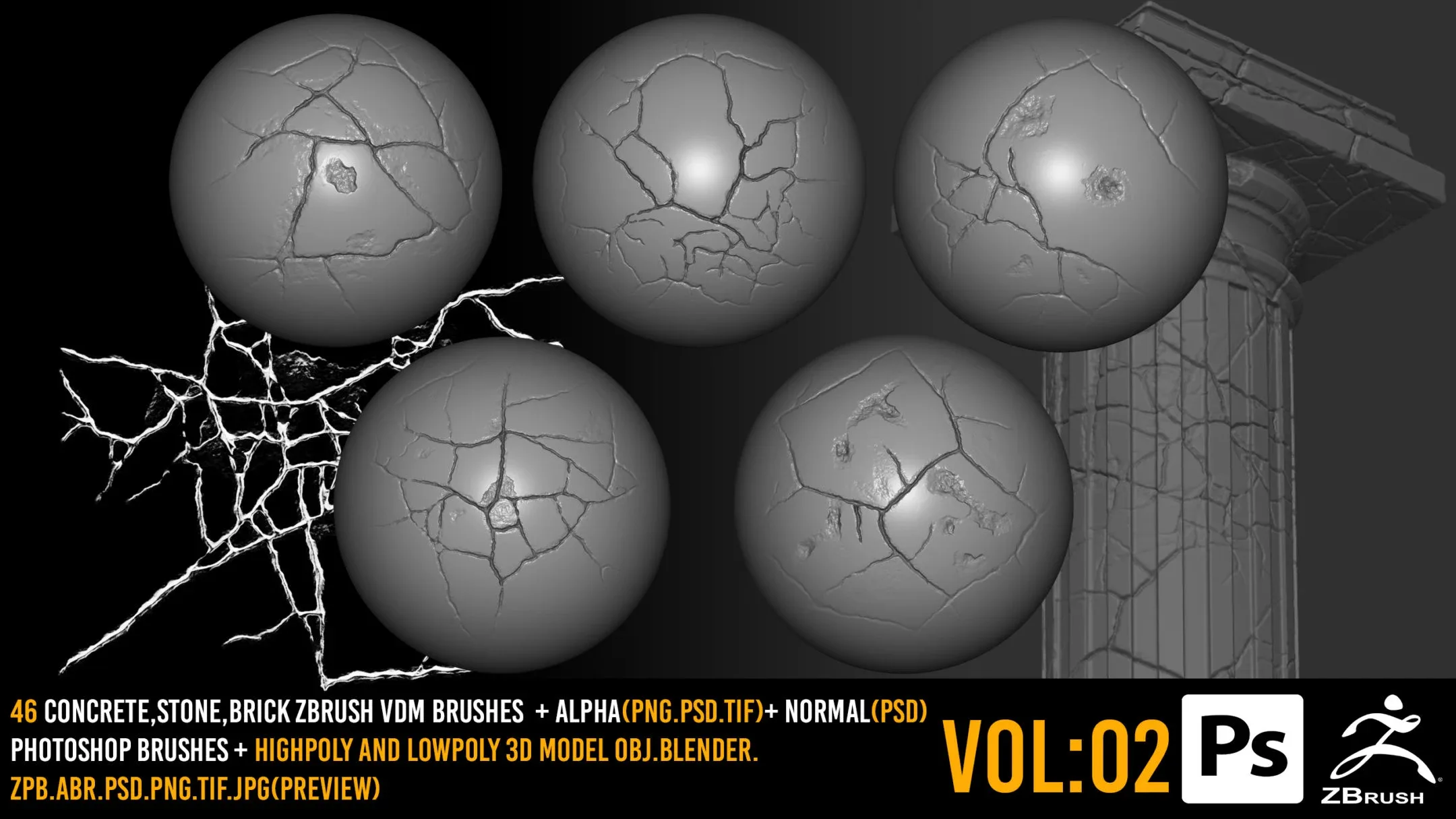 46 Zbrush Crack Brushes + 4k Alpha + 2k Normal + Photoshop Brushes + 3D Model - VOL 02