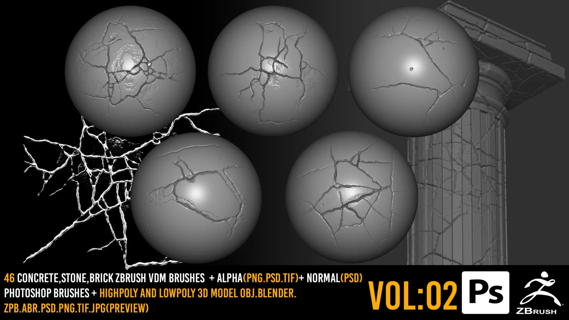 46 Zbrush Crack Brushes + 4k Alpha + 2k Normal + Photoshop Brushes + 3D Model - VOL 02