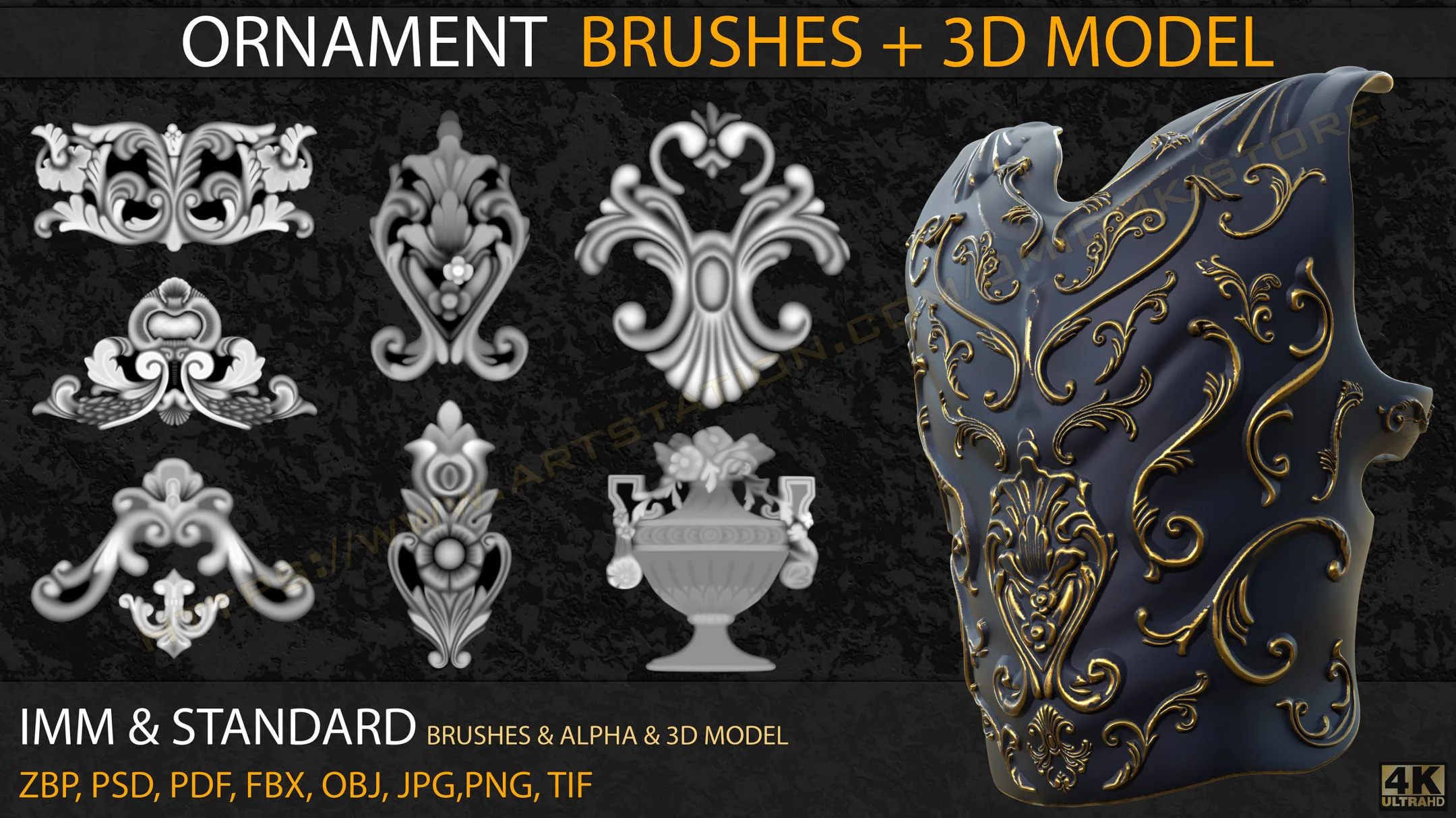Ornament IMM & Standard Brushes+3D model+ Alpha 4K (V.04)