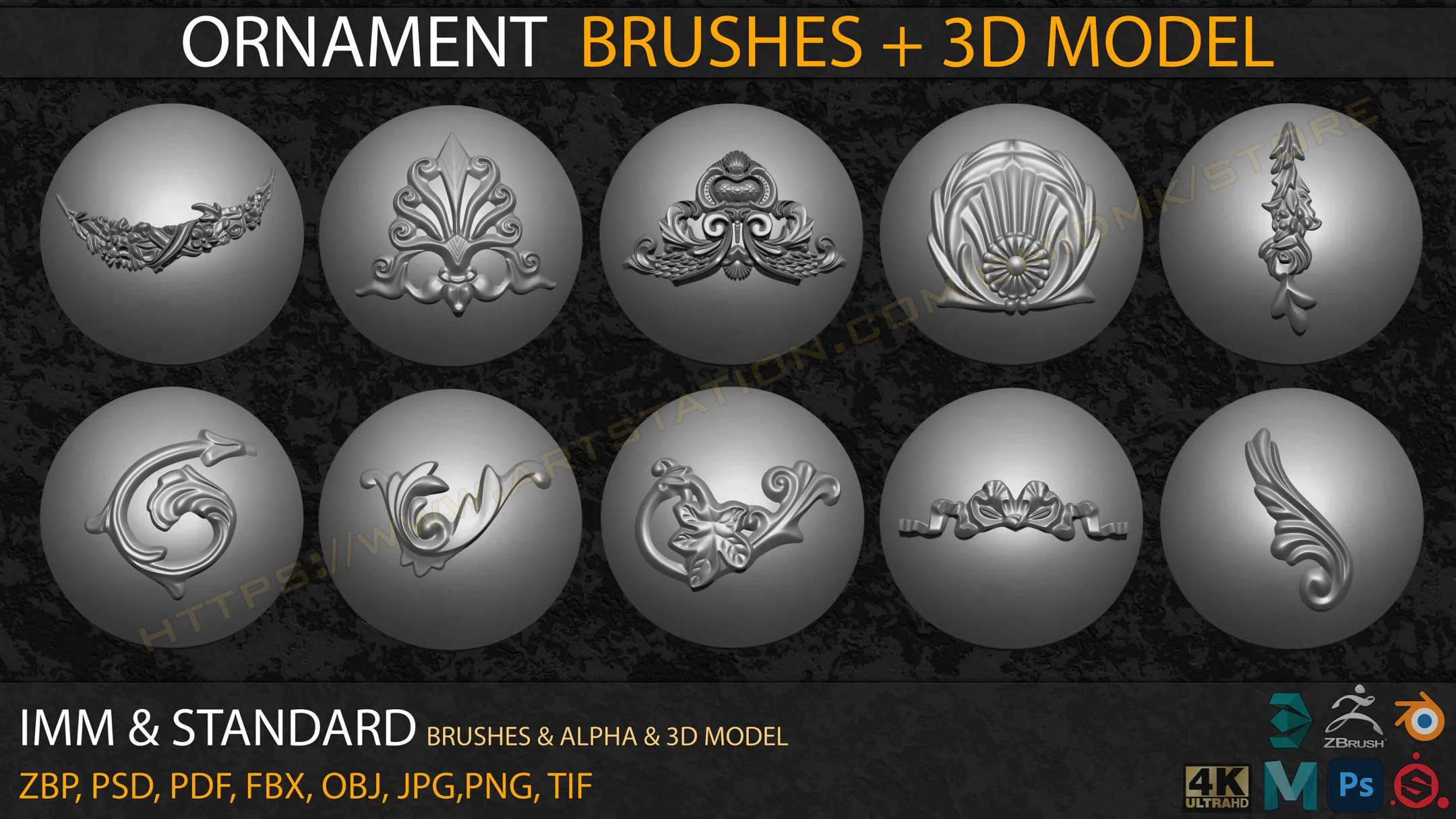 Ornament IMM & Standard Brushes+3D model+ Alpha 4K (V.04)