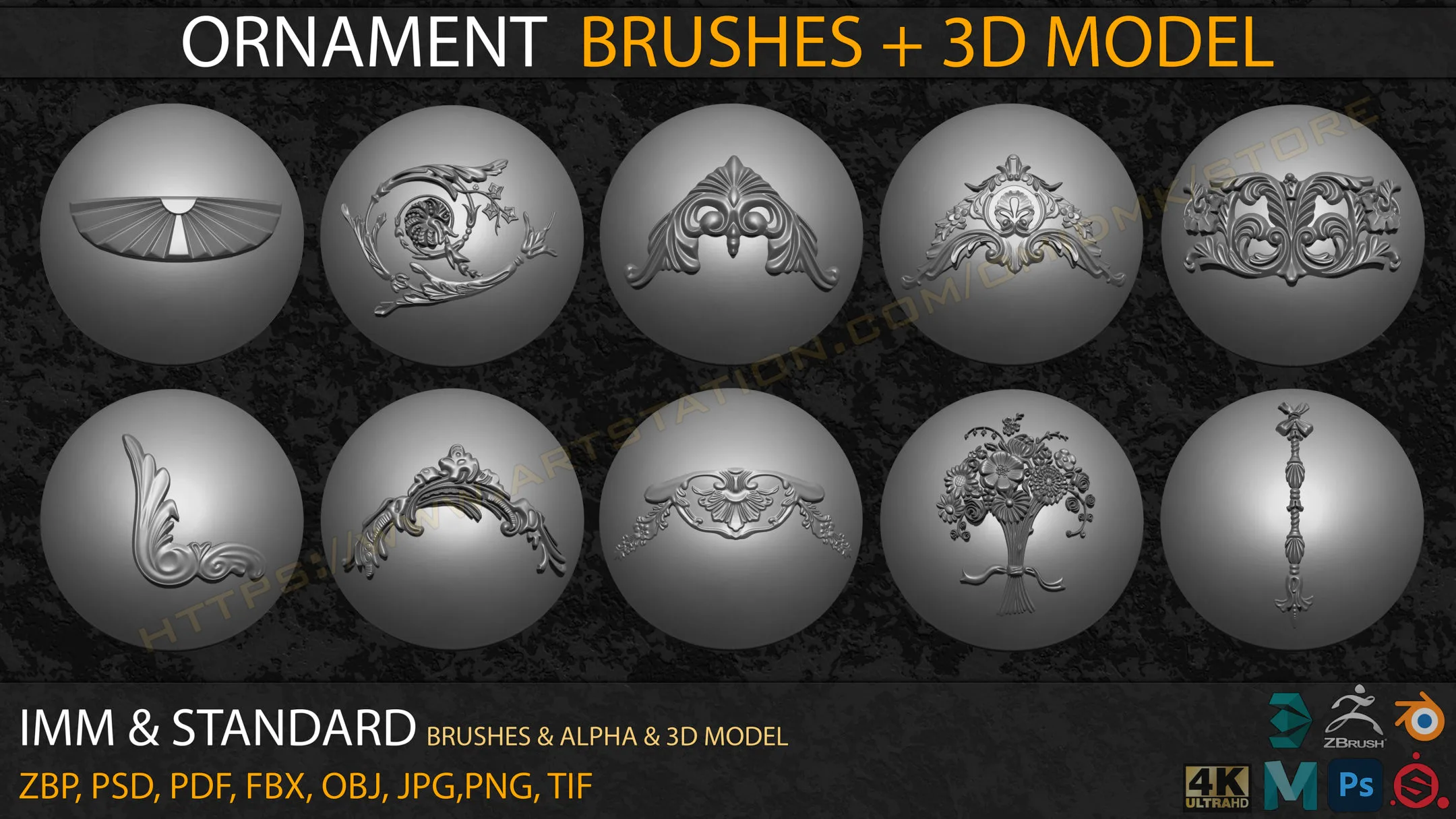 Ornament IMM & Standard Brushes+3D model+ Alpha 4K (V.04)