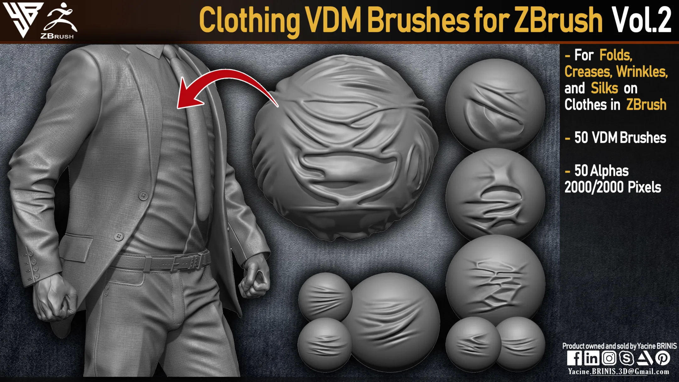50 VDM Clothing Brushes for ZBrush (Creases, Folds, Wrinkles, Silks) + 50 Alphas. Vol 2