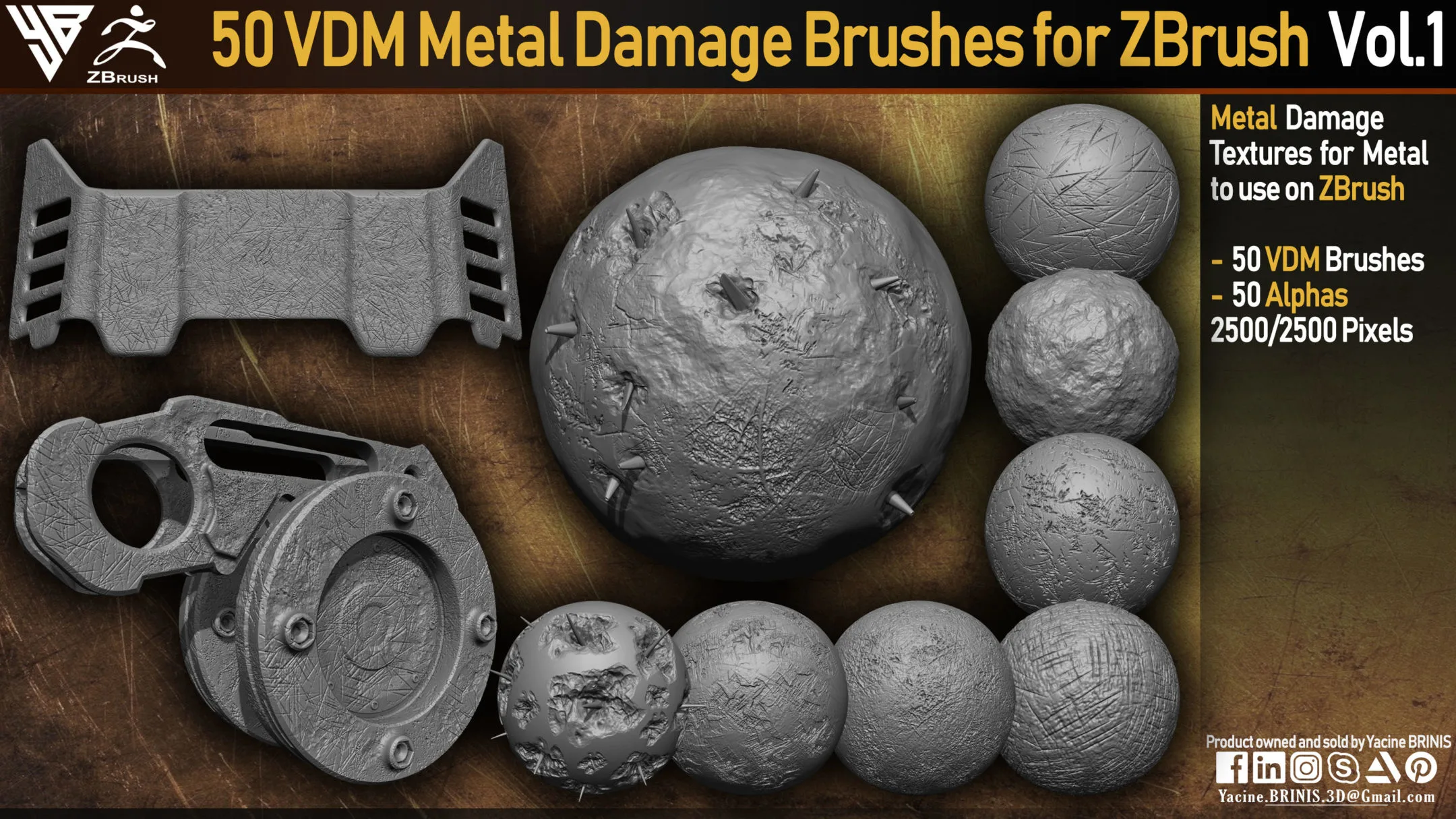 50 VDM Metal Damage Brushes for ZBrush + 50 Alphas. Vol 1 (Metal Textures)